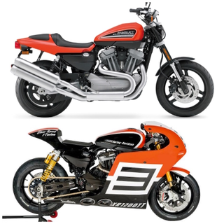 The Harley-Davidson XR1200X and the Shaw SpeedXR1200TT it was turned into.